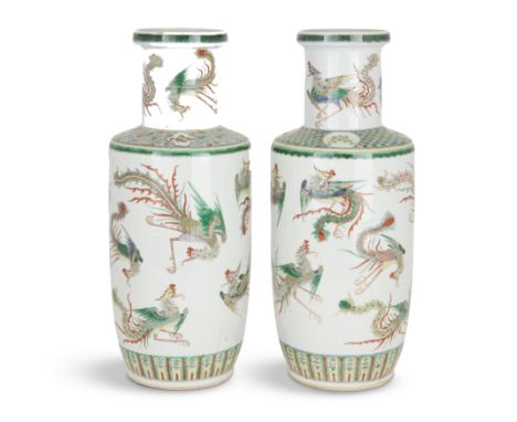 A pair of large Chinese famille verte phoenix vasesQing dynasty, 19th centuryEach decorated to the body and neck with phoenix