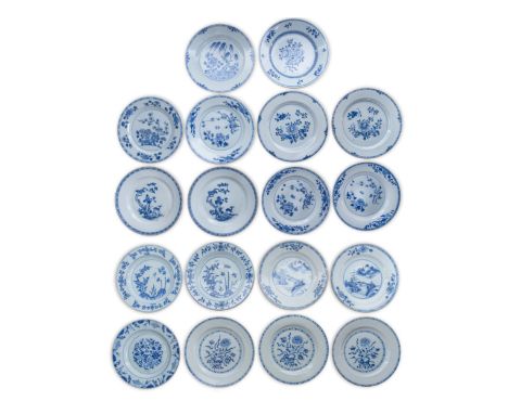 Eighteen Chinese various blue and white export dishes with floral decorationQing dynasty, Kangxi periodAll with various flora