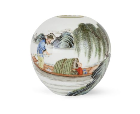 A Chinese semi-eggshell enamelled 'landscape and poem' globular jarletRepublic period/20th century, apocryphal Qianlong markE