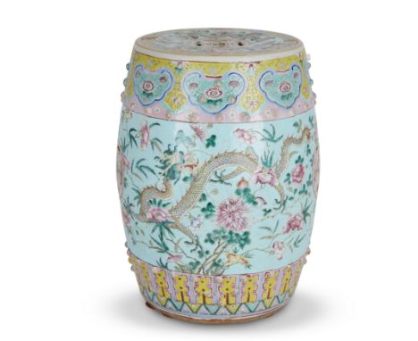 A Chinese turquoise ground ‘dragon’ garden stoolQing dynasty, 19th centuryPainted to the sides with two dragons in yellow and