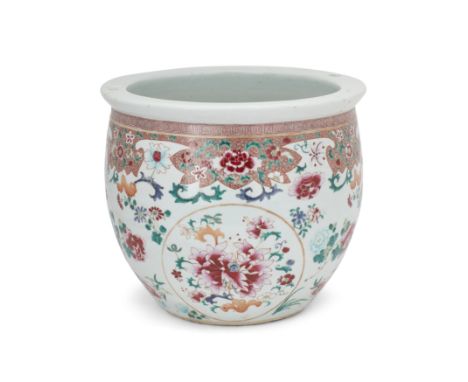 A Chinese famille rose jardinièreQing dynasty, 19th centuryDecorated with lotus peonies and chrysanthemum.31cm high x 35.5cm 