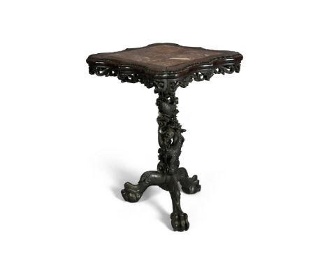 A Chinese export marble-inset hongmu side tableQing dynasty, 19th centuryThe shaped square table top with inset red marble pl