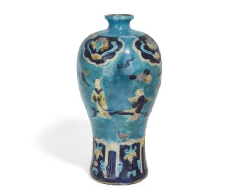 A Chinese turquoise-ground fahua-glazed baluster vase, meipingMing dynasty, 16th centuryOutlined in shallow relief and enamel