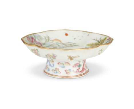 A Chinese famille rose 'landscape' lobed stem dishQing dynasty, Daoguang seal mark and period Decorated to the interior with 