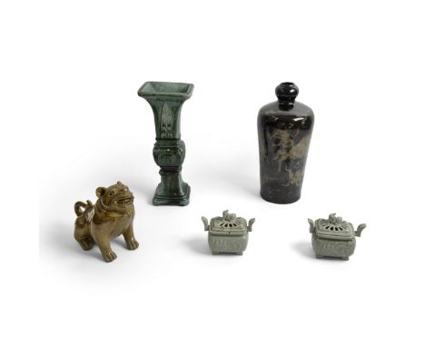 A Chinese amber-glazed 'tiger' incense burner and cover, a Japanese black and slip-decorated stoneware tapering vase with gar