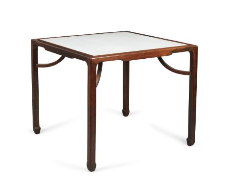 A Chinese huanghuali marble-inset 'giant's arm' tableLate Qing dynasty/Republic periodThe square white marble-inset top above