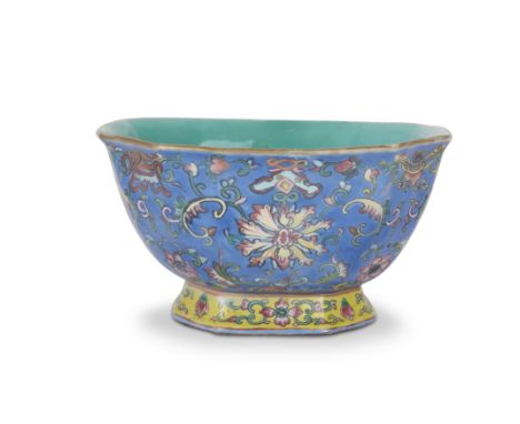 A Chinese famille rose canted square 'lotus' bowlQing dynasty, late 19th century, apocryphal Daoguang seal markEach side cent