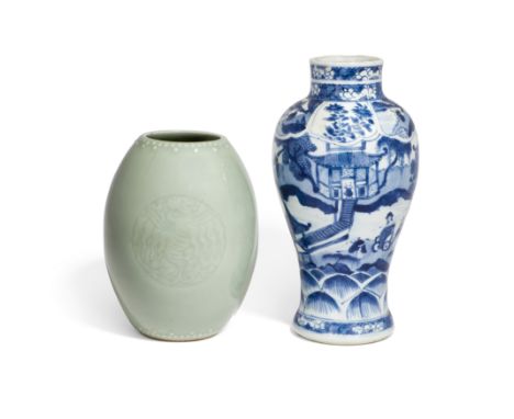 Two Chinese porcelain vasesLate Qing dynasty, one with apocryphal Yongzheng markComprising: a blue and white 'Kangxi revival'