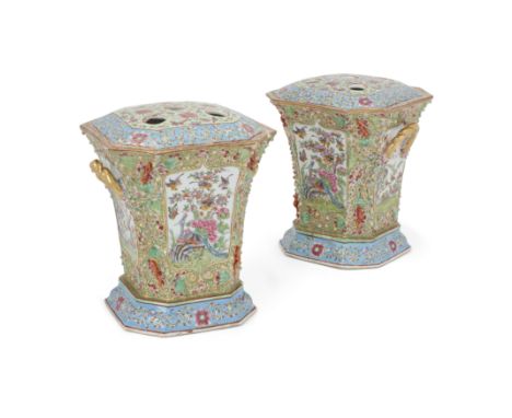 A pair of Chinese Canton famille rose canted square bough pots and coversQing dynasty, mid-19th centuryEach with gilt rope-tw