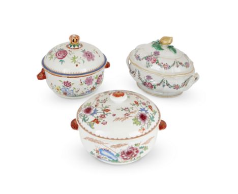 Three Chinese export famille rose tureens and coversQing Dynasty, 18th centuryComprising: a faceted tureen painted to the bod