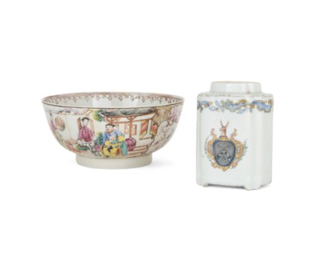 A Chinese export famille rose bowl and an armorial tea caddyQing dynasty, 18th centuryThe bowl decorated with a family on a t
