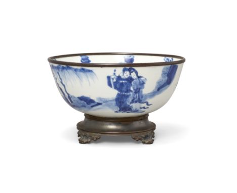 A silver-mounted Chinese blue and white bowlQing dynasty, Kangxi period, apocryphal Chenghua markOne side painted with lovers