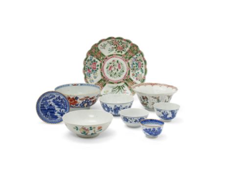 Seven Chinese porcelain vessels and an English blue and white cup and saucer18th - 20th centuryComprising a famille verte flu