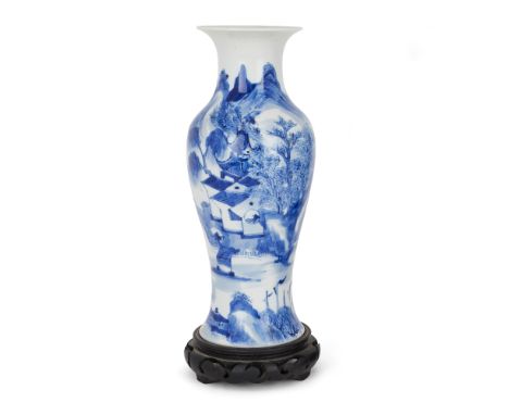 A Chinese blue and white ‘landscape’ baluster vaseQing dynasty, 19th centuryRising from a short stepped foot, painted to the 
