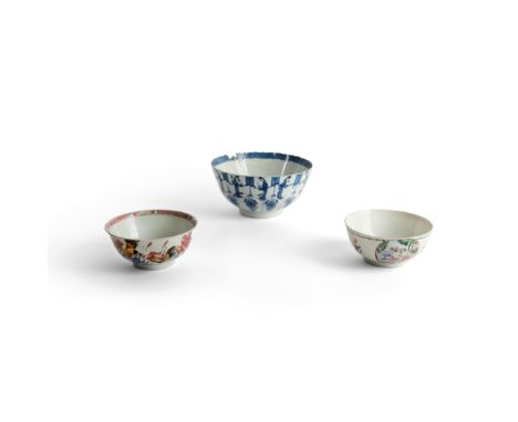 A Chinese blue and white and two Chinese famille rose bowlsQing dynasty, Kangxi, with apocryphal Chenghua mark, and QianlongC