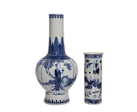 Two Chinese blue and white figurative vasesQing dynasty, 19th century, apocryphal Kangxi marksComprising a bottle vase raised