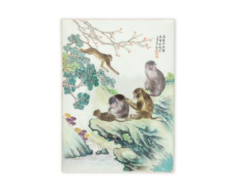 A Chinese famille rose plaque of monkeys20th centuryPainted with monkeys in various activities including catching lice and a 