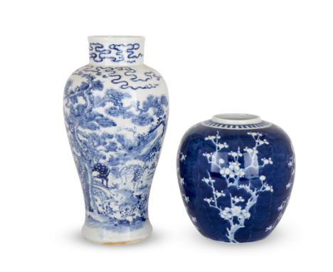 Two Chinese blue and white vasesQing dynasty, 19th century, one with apocryphal Xuande markComprising: a blue-ground  'prunus