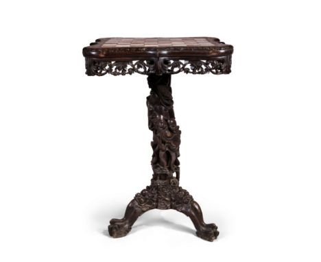 A Chinese export mother-of-pearl-inlaid and marble-inset hongmu chess tableLate Qing dynastyThe shaped table top inset with w