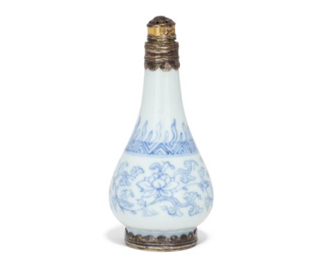 A Chinese silver-mounted blue and white miniature pear-shaped bottleQing dynasty, Kangxi periodThe pear-shaped body painted i