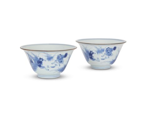 A pair of Chinese blue and white 'fishermen' bowlsQing dynasty, Kangxi period, apocryphal Chenghua six-character marksEach fi