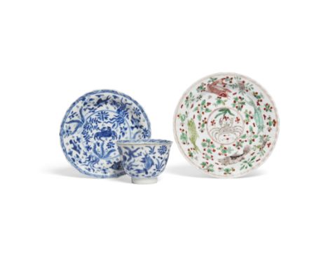 Three Chinese fluted 'sea creatures' vesselsQing dynasty, Kangxi periodComprising a matching blue and white cup and saucer wi