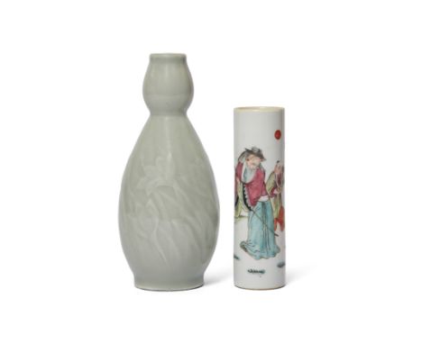 A Chinese famille rose browliner pot and a Japanese celadon-glazed double gourd vaseQing dynasty, 19th century and Meiji/Tais