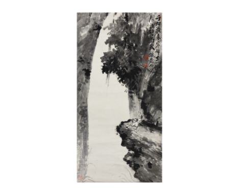 Tomioka Tessai (1836 - 1924)A Japanese landscape painting, ink on paper, mounted has hanging scroll, depicting two scholars s