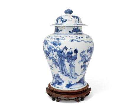 A large Chinese blue and white 'ladies and boys' jar and coverQing dynasty, Kangxi periodRising from a stepped foot to broad 