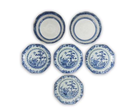 Six Chinese export blue and white dishesQing dynasty, Kangxi-Qianlong periodComprising: four hexagonal deep dishes from a set