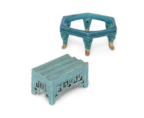 A Chinese robin's egg-glazed stand and a hexagonal turquoise-glazed standQing dynasty, 19th centuryThe first formed as a kang