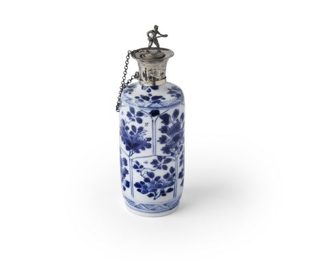 A small Chinese blue and white silver-mounted bottleQing dynasty, Kangxi period, H mark to baseThe cylindrical body painted w