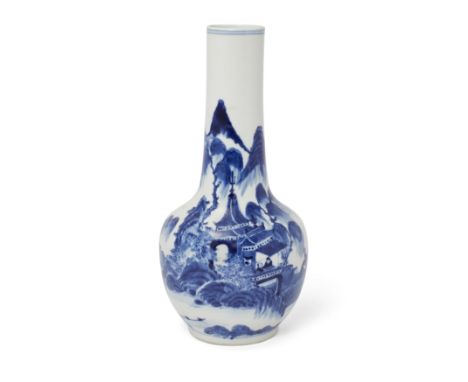 A Chinese blue and white 'landscape' bottleLate Qing dynasty, apocryphal Kangxi markPainted around the pear-shaped body with 