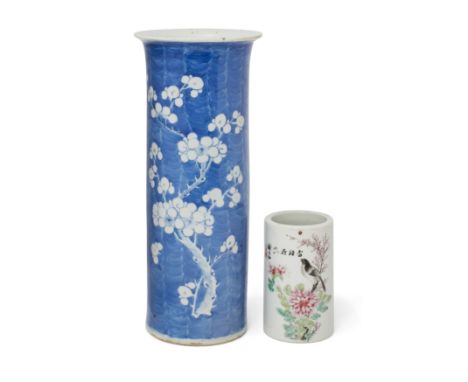 A Chinese blue and white 'prunus' sleeve vase and a famille rose cylindrical brush potLate Qing dynasty/Republic periodThe sl