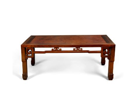 A Chinese huanghuali and burrwood low table, kangLate Qing dynastyThe top set with rectangular burrwood panel above reticulat