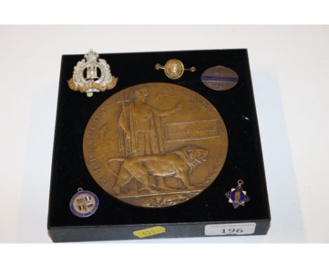 A death plaque, named Stanley Clarke; a silver and enamel decorated pendant and various other badges 