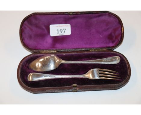 A cased Sterling silver dessert spoon and fork bearing initials, Hallmarked London 1878