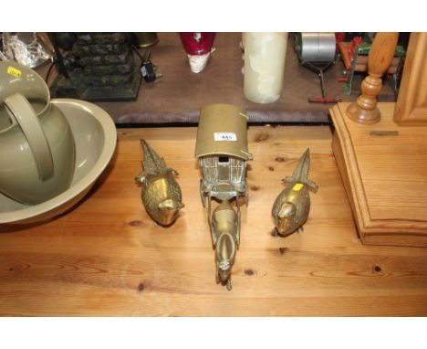 A pair of brass pheasant ornaments and a brass model of a Romany wagon and horse