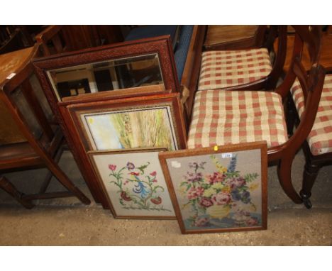 An embroidery of roses; another embroidery watercolour of a ploughing scene; a coloured print and a mirror 
