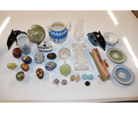 A box containing ornamental eggs, Wedgwood jasperware dish; a Poole pottery dish; a glass paperweight in the form of a vintag