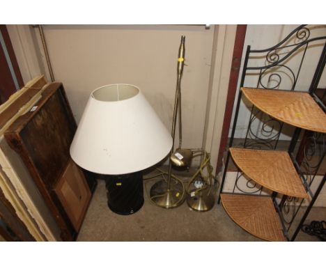 A modern adjustable table lamp; a reading lamp; and a pottery based table lamp with shade 