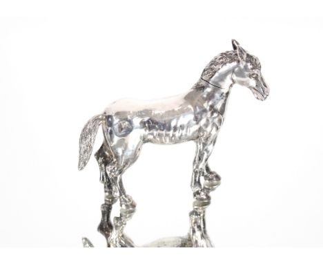 A white metal flask in the form of a pony with removable head marks to hooves, 12cm high 