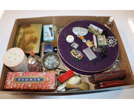 A box of assorted small sundry items to include trinket boxes, advertising boxes, a silver lid, cigarette lighters etc.