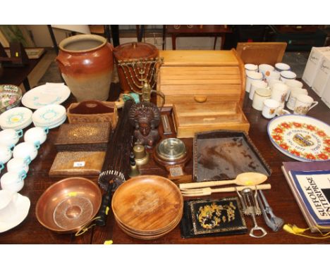 A collection of various wooden items, brass coffee pot, barometer, trinket boxes, a pottery storage jar etc. 