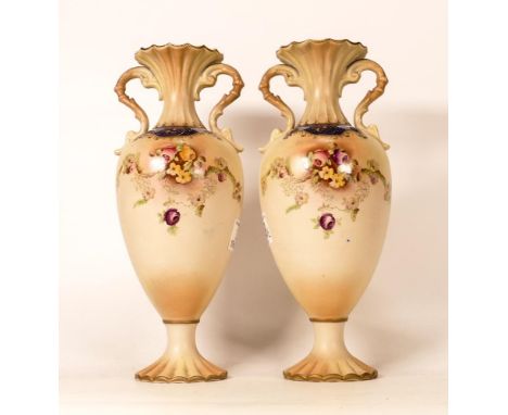 A Pair of Carltonware Wiltshaw &amp; Robinson Ivory Blushware Twin handled Baluster Vases with fluted neck in the Rose Garlan
