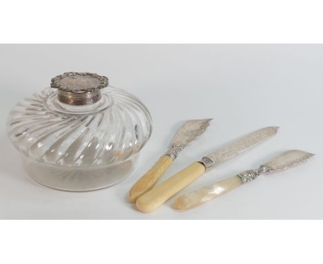 Giant size inkwell or perfume bottle, monogrammed silver top &amp; collar - 14cm wide, together with silver bladed bread knif