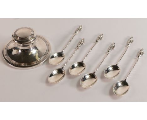 Silver inkwell together with 6 x hallmarked apostle spoons. 