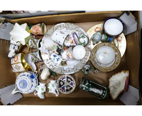A mixed collection of items to include 19th Century Bat transfer Cup &amp; Bowl, Royal Worcester Hadley small pottery ewer, d