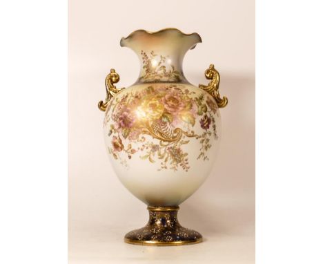 Carltonware Wiltshaw &amp; Robinson Ivory Blushware Twin Handled Vase in the Rose &amp; Curlicue Pattern, Blue Ground to base