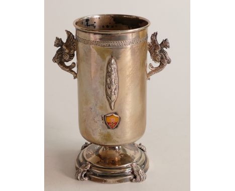 Continental .800 silver earlier 20th century vase with enamel  shield, 13.5cm high.  Weight 167g, good overall used condition